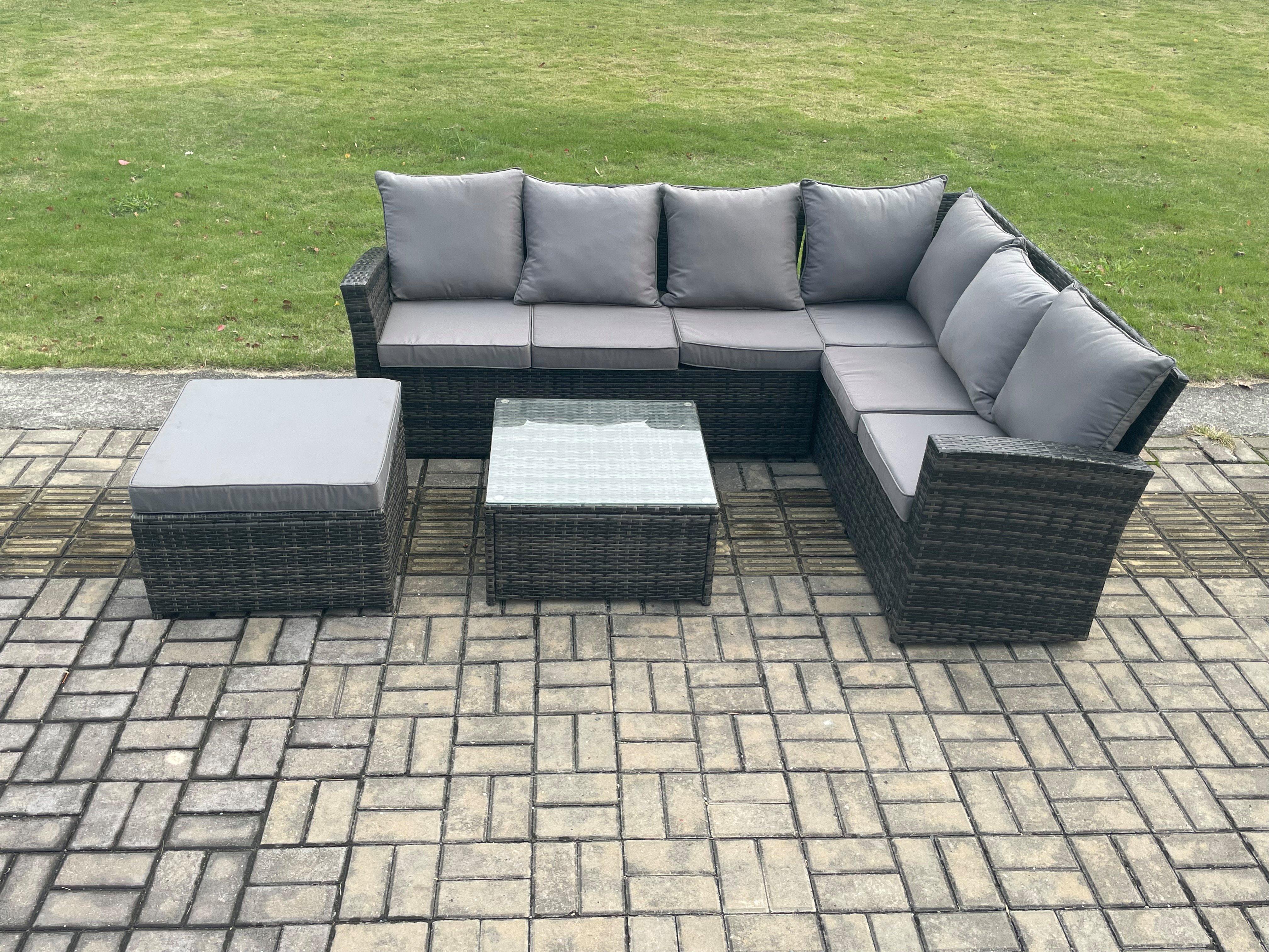 Rattan Garden Furniture Set Outdoor Lounge Corner Sofa Set With Square Coffee Table Big Footstool 7 